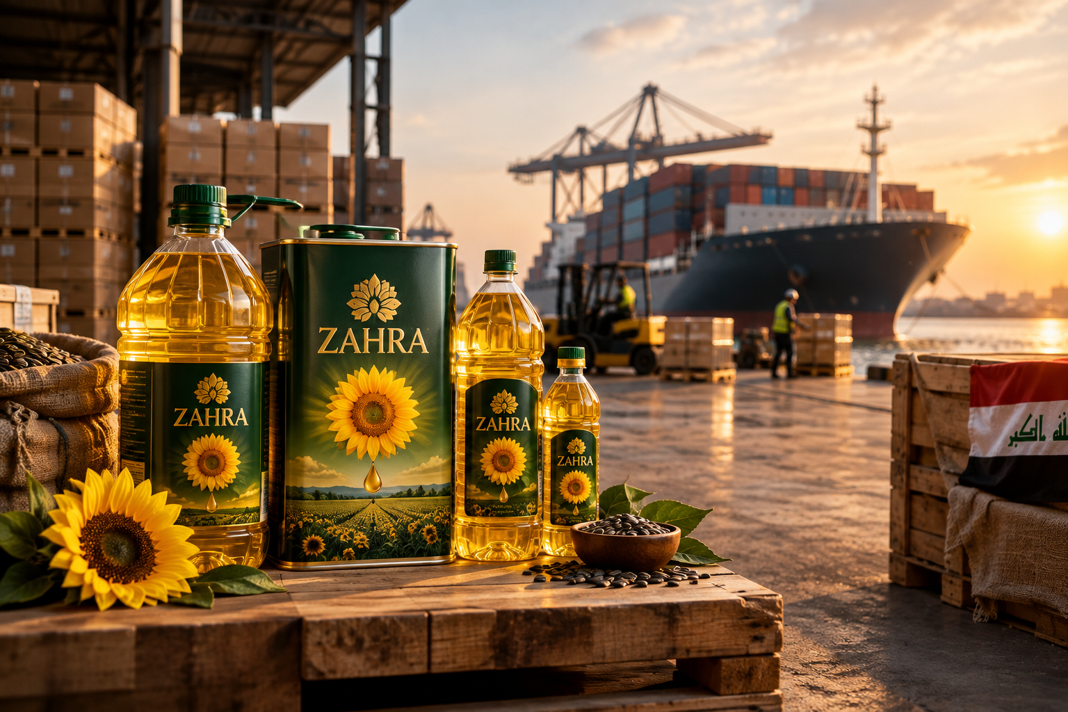 Premium editorial sourcing composition with ZAHRA-branded sunflower oil packaging in warm gold and olive tones, modern cargo logistics, global trade movement, and subtle Iraqi-market context