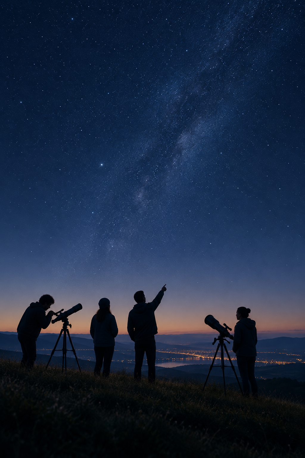 Atmospheric astronomy club gathering with silhouettes observing the night sky beside telescopes at dusk