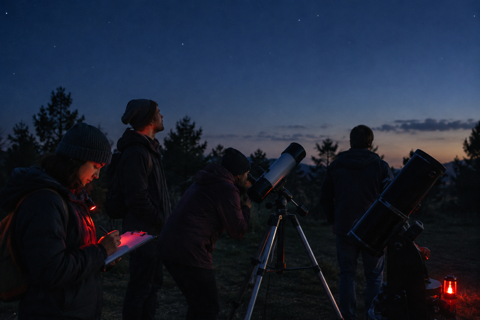 Club members observing the night sky with telescopes at dusk in an open park