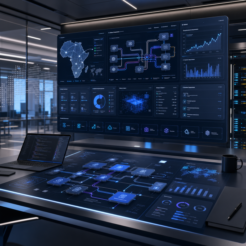 Abstract enterprise technology composition with an analytics dashboard interface blended with structured digital architecture motifs