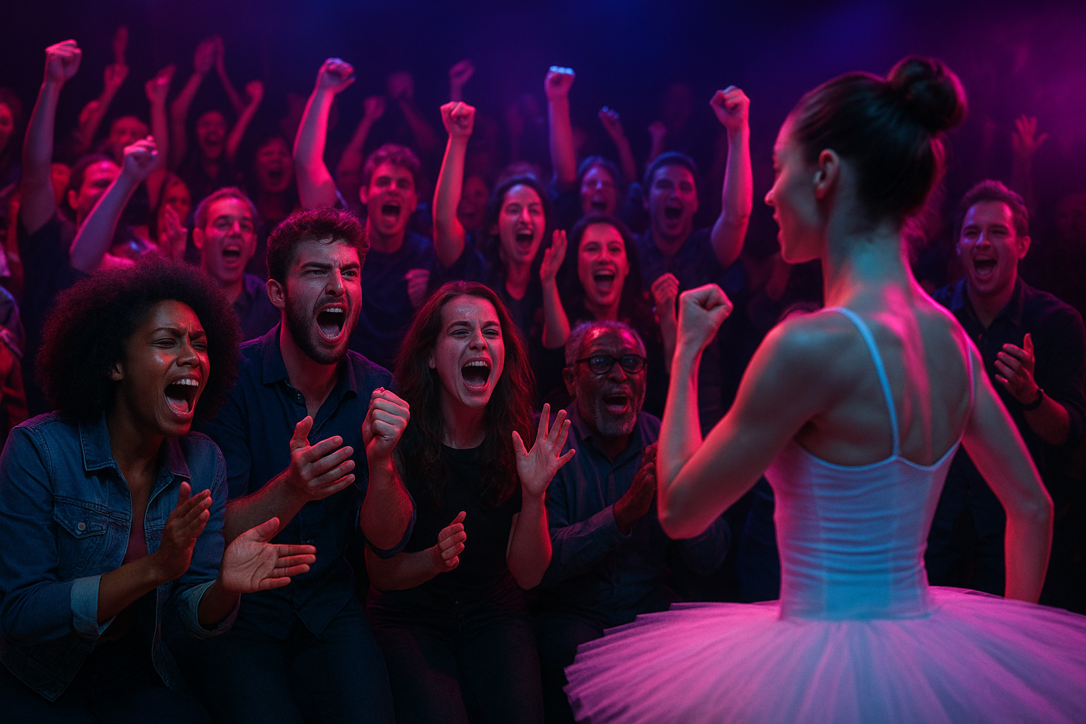 Dramatic cheering audience at Ballerina Brawl event, bathed in neon lights
