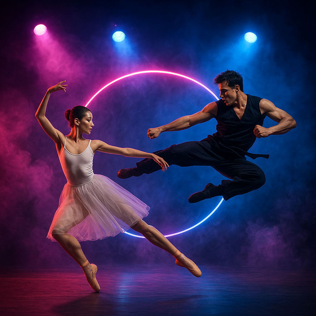 Ballerina dodging a flying kick under stage spotlights with neon accents