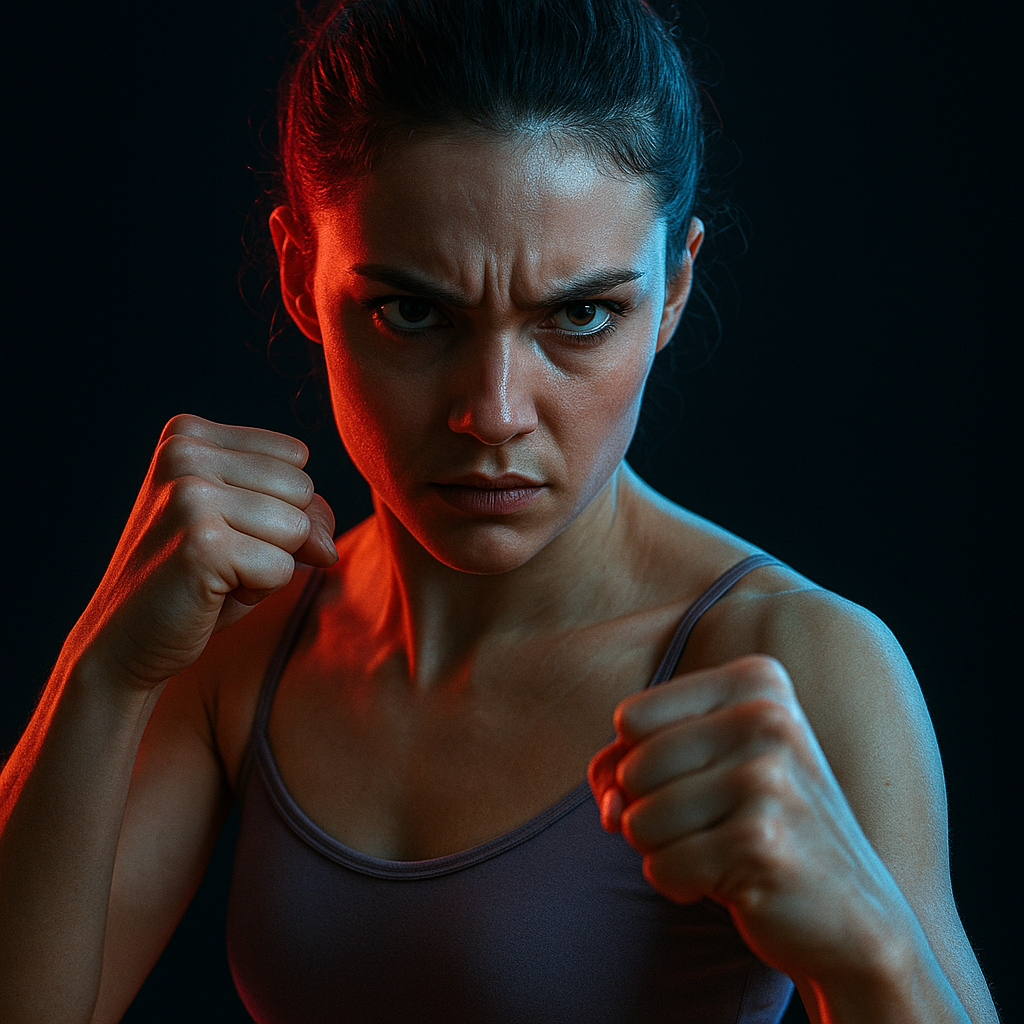 Close-up of ballerina in a fighting stance, neon edge lighting, intense expression