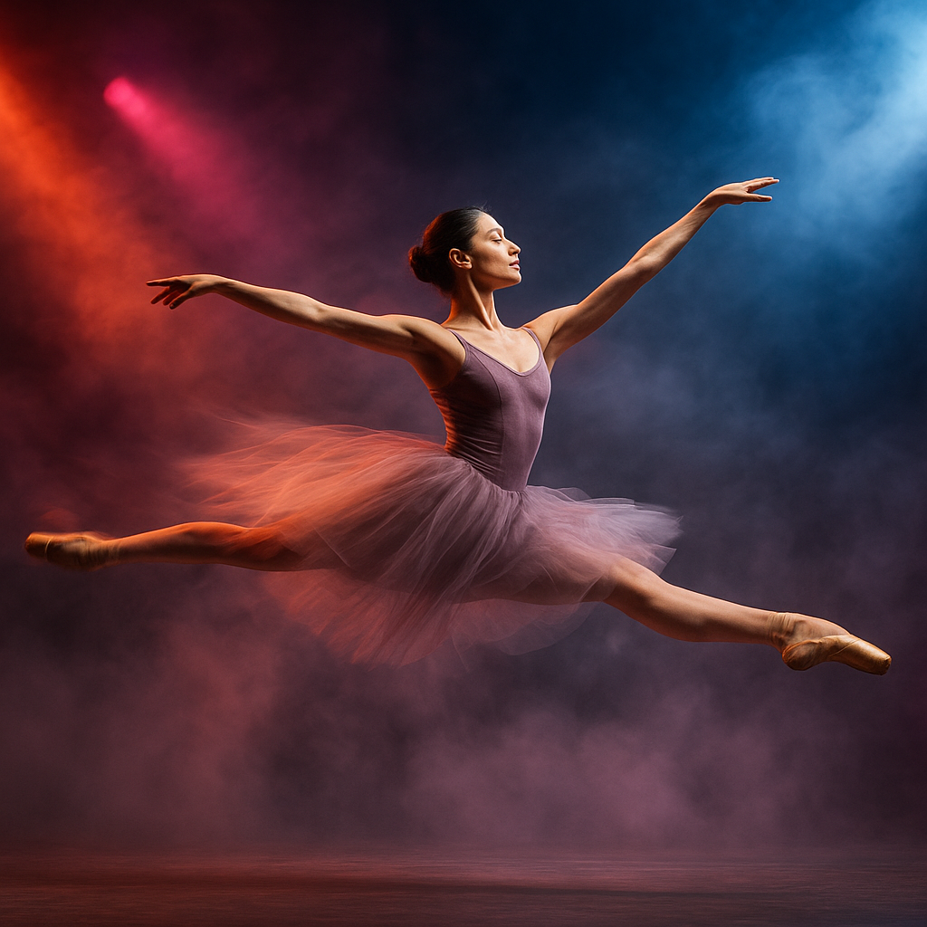 Ballerina leaping with an extended leg, stage fog and dramatic colored lights