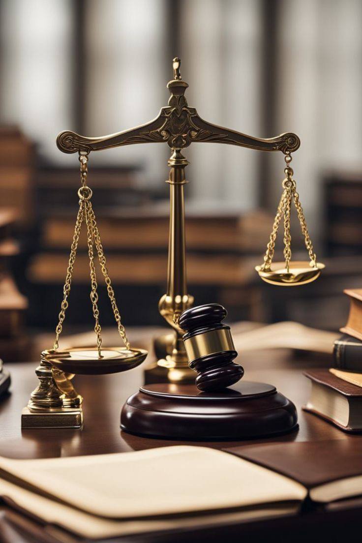 Courtroom scene with brass justice scales and a judge's gavel on a wooden desk