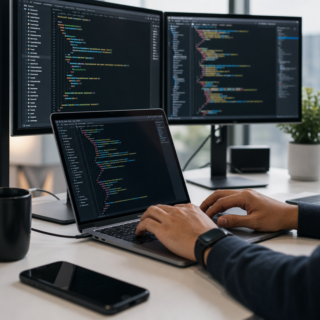 Close-up of a software engineer coding on a laptop with dual monitors and a clean tech workspace