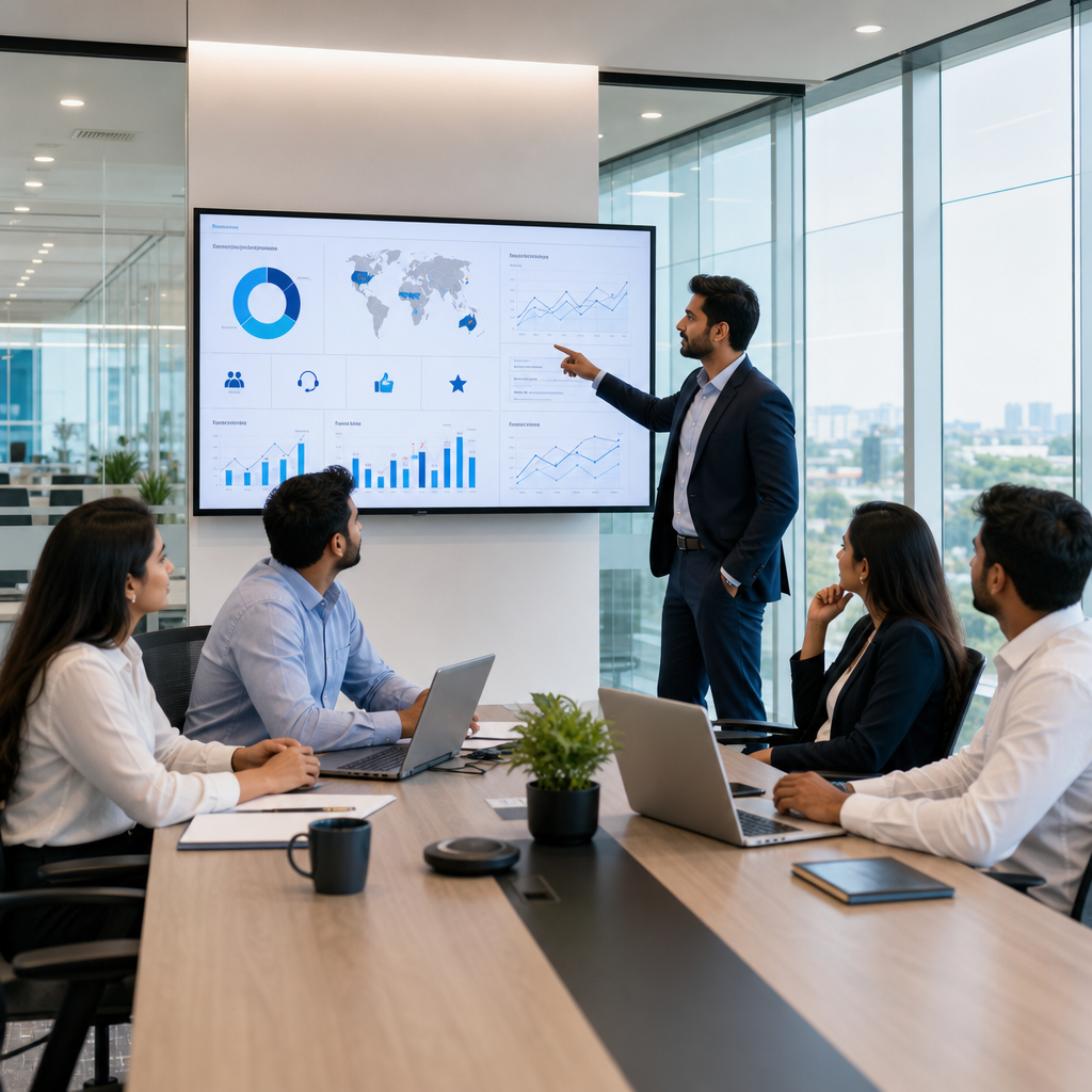 Enterprise support team in a glass-walled office reviewing service metrics on a large display