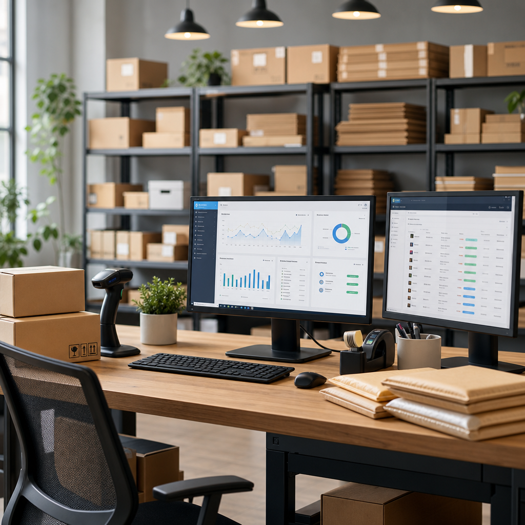 E-commerce operations desk with order dashboards and packaging materials in the background