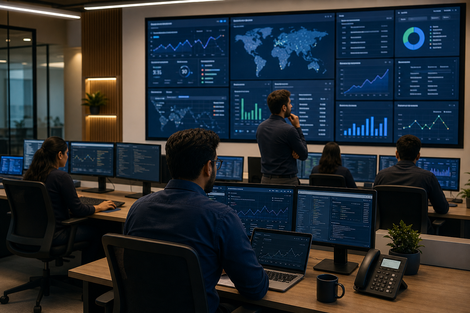 IT operations command center with analysts reviewing dashboards on large screens in a modern office