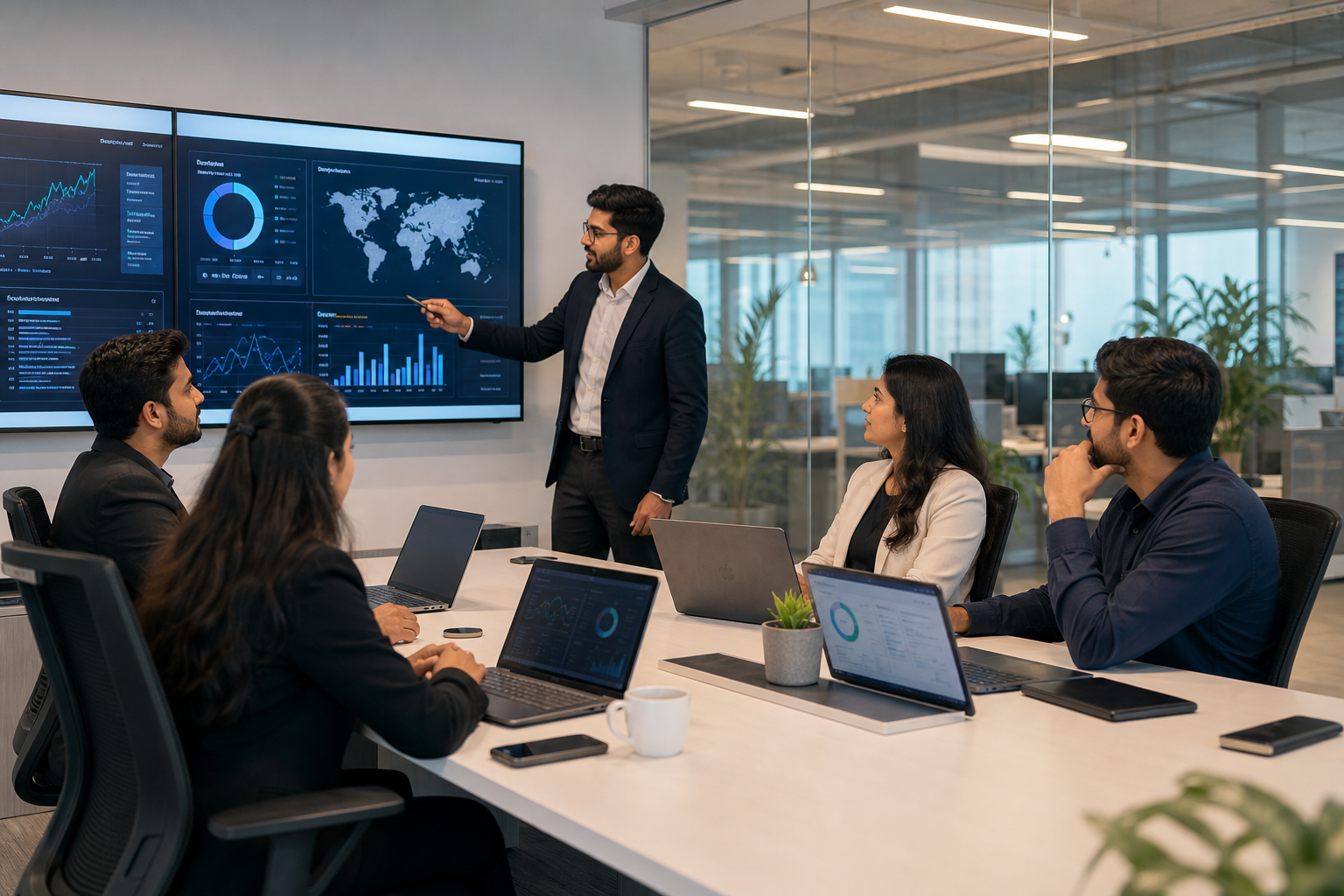 Modern IT leadership team reviewing dashboards in a glass-walled office with laptops and large screens