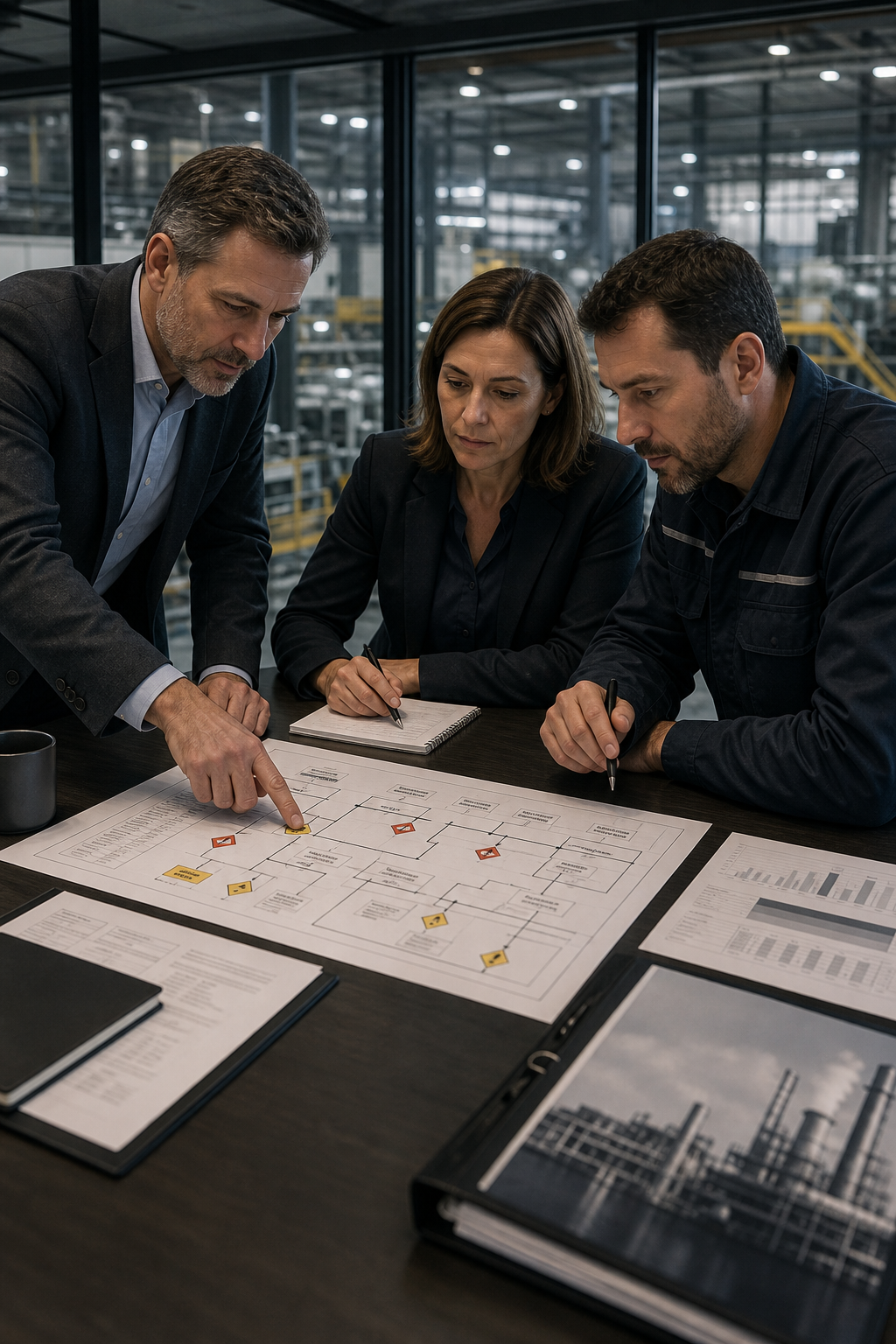 Senior operations and executive leaders reviewing fatal-risk controls during an advisory planning session