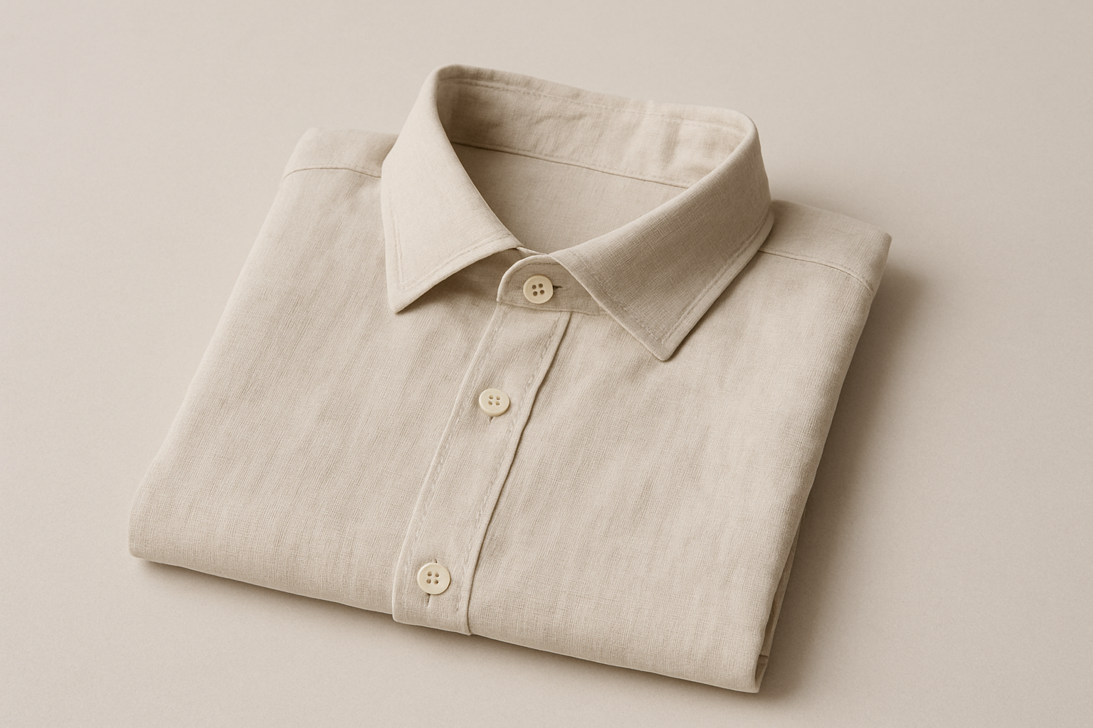 Camisa de lino beige claro con cuello clásico, doblada sobre una superficie neutra