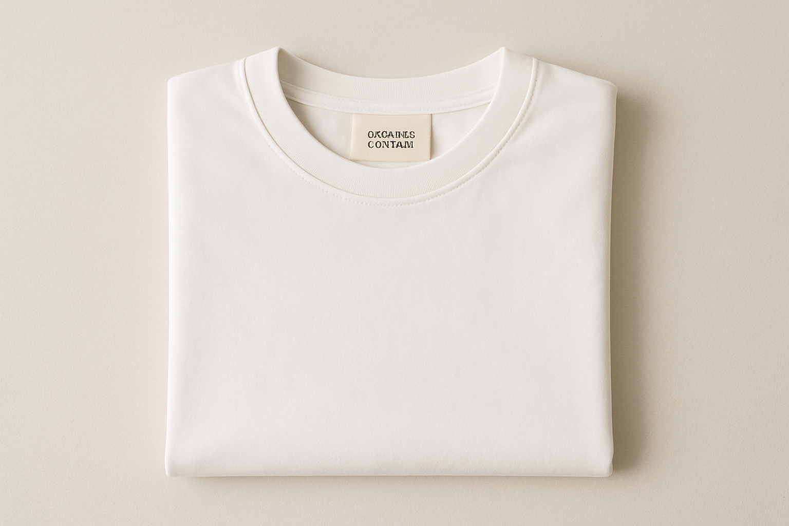 Camiseta blanca de algodón orgánico doblada con etiqueta mínima