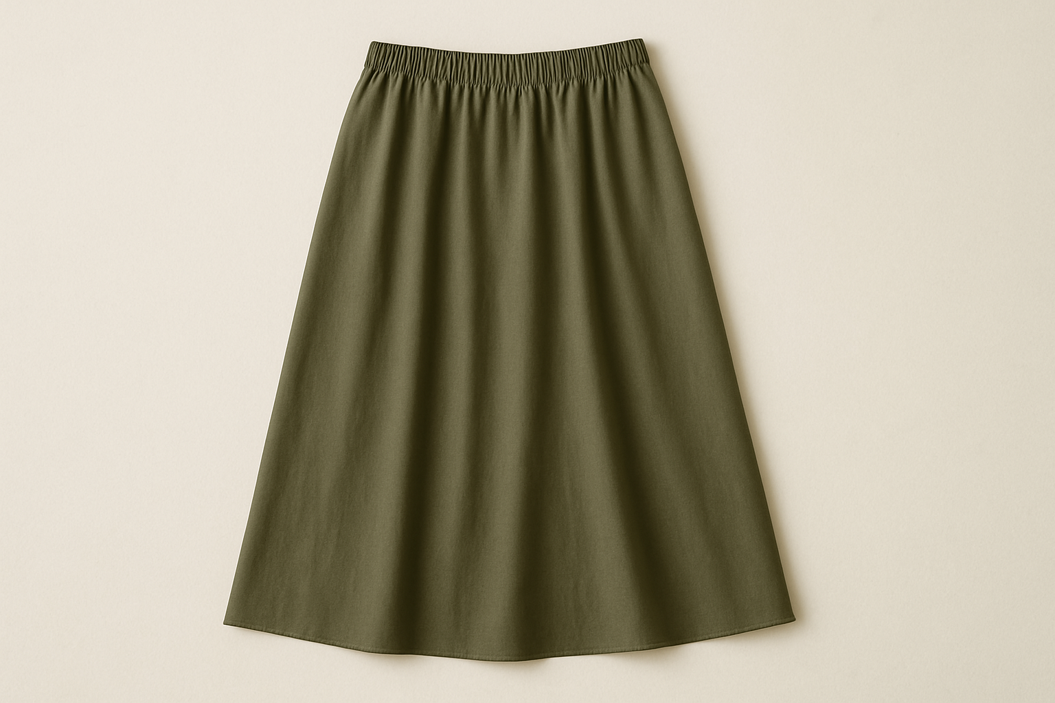 Falda midi color oliva con caída fluida sobre fondo claro