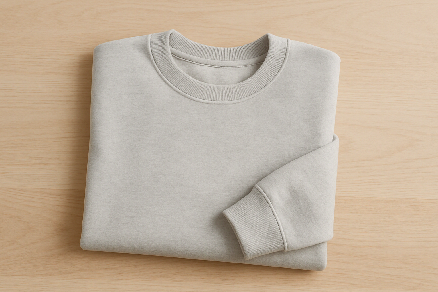 Sudadera gris claro sin estampados doblada en una mesa de madera clara