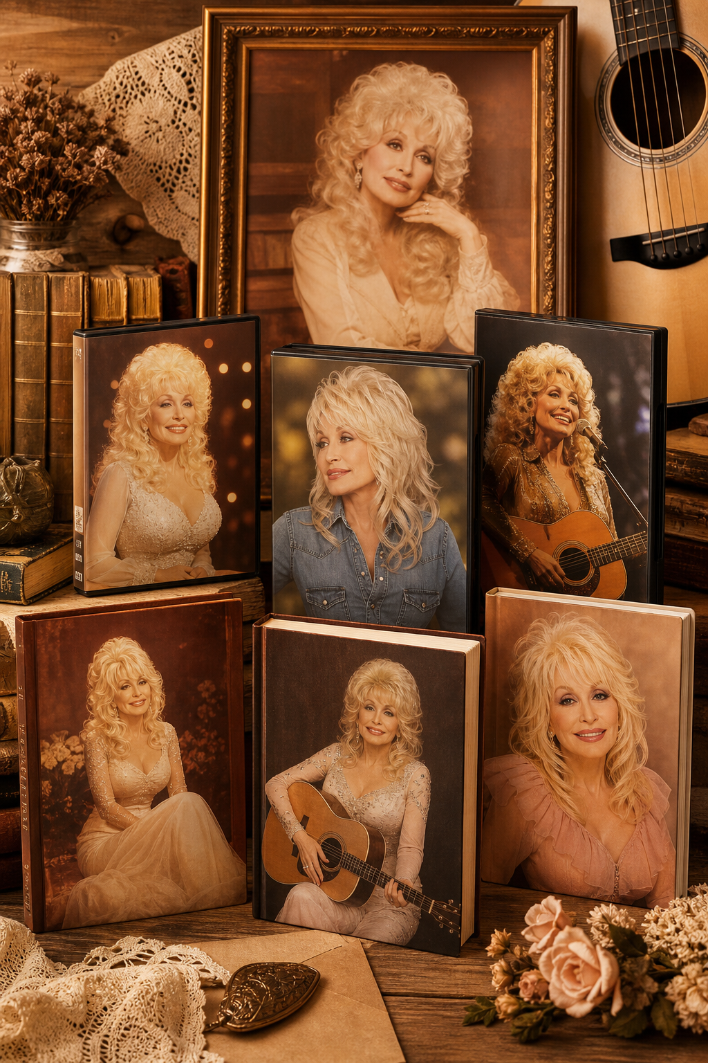 Warm editorial collage inspired by classic country memorabilia with framed book-cover and DVD-style media