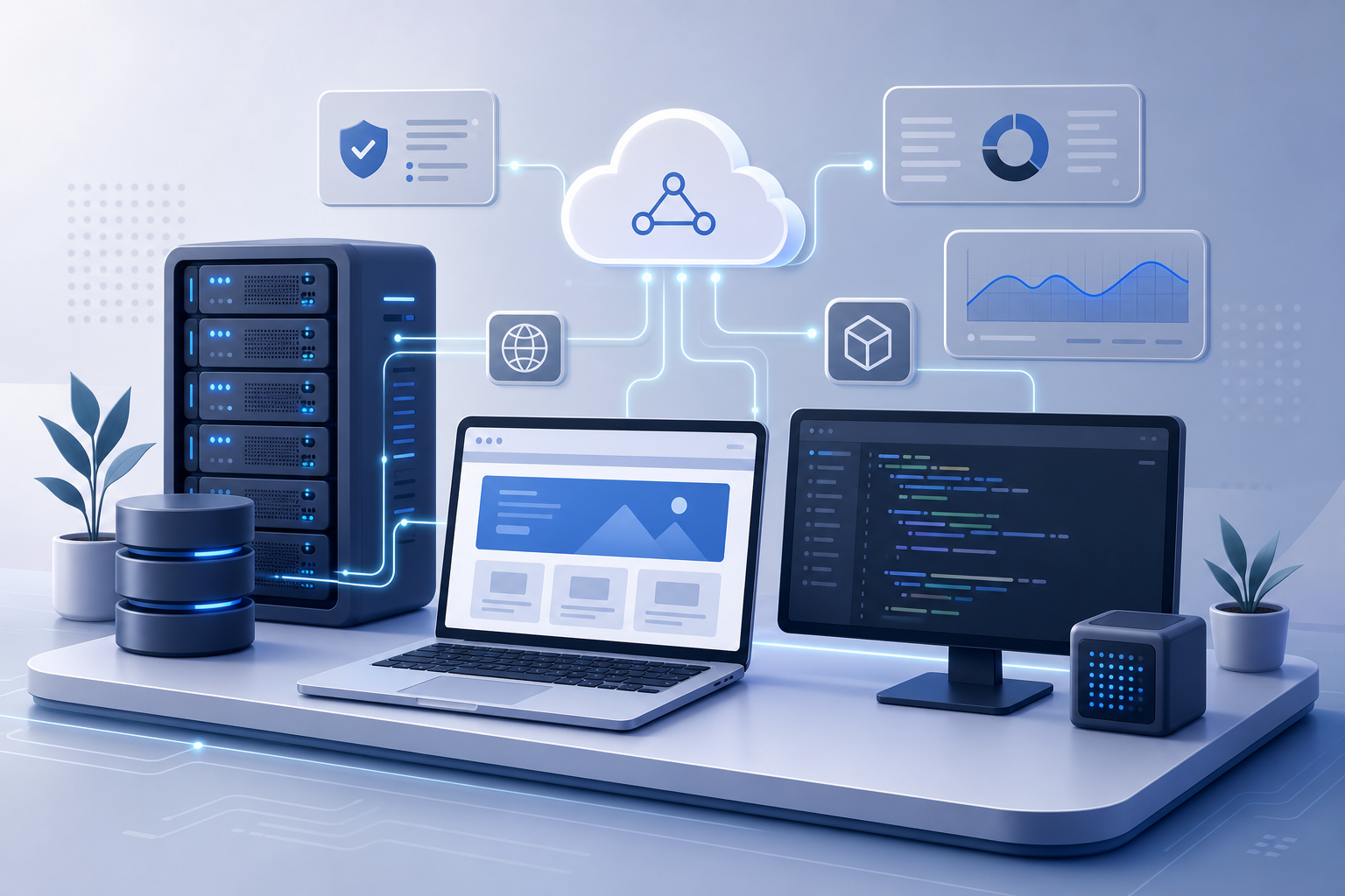 Ilustración moderna de infraestructura web con servidores, paneles de control y conexión entre frontend y backend
