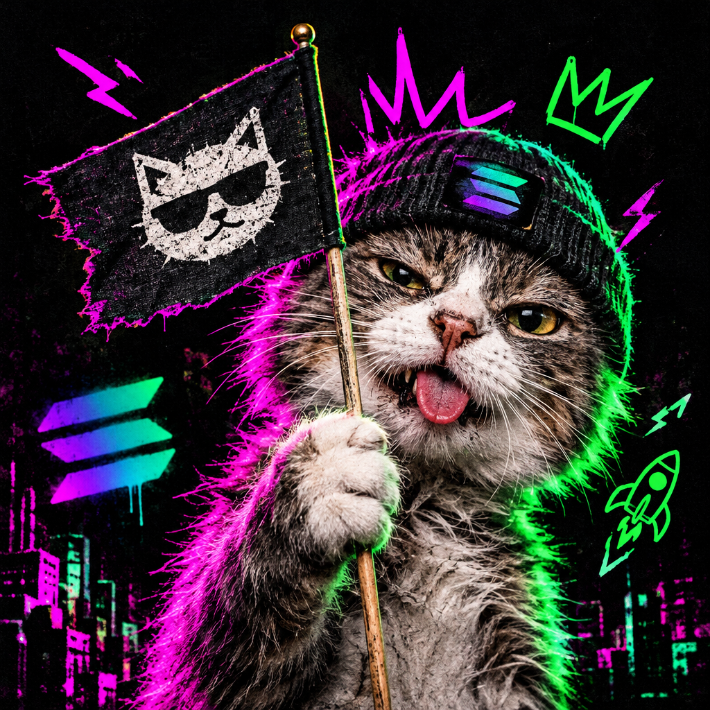 Smaller framed portrait of a chaotic cat clutching a flag, punk-collage style with Solana meme energy