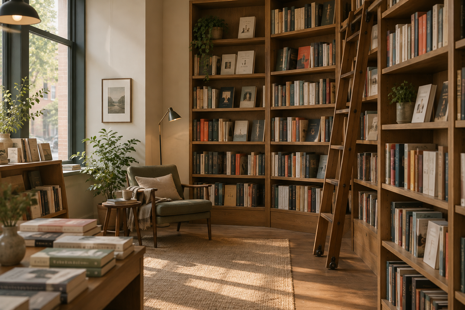 Warmly lit independent bookshop shelves with neatly arranged spines, a wooden ladder, and a quiet browsing corner