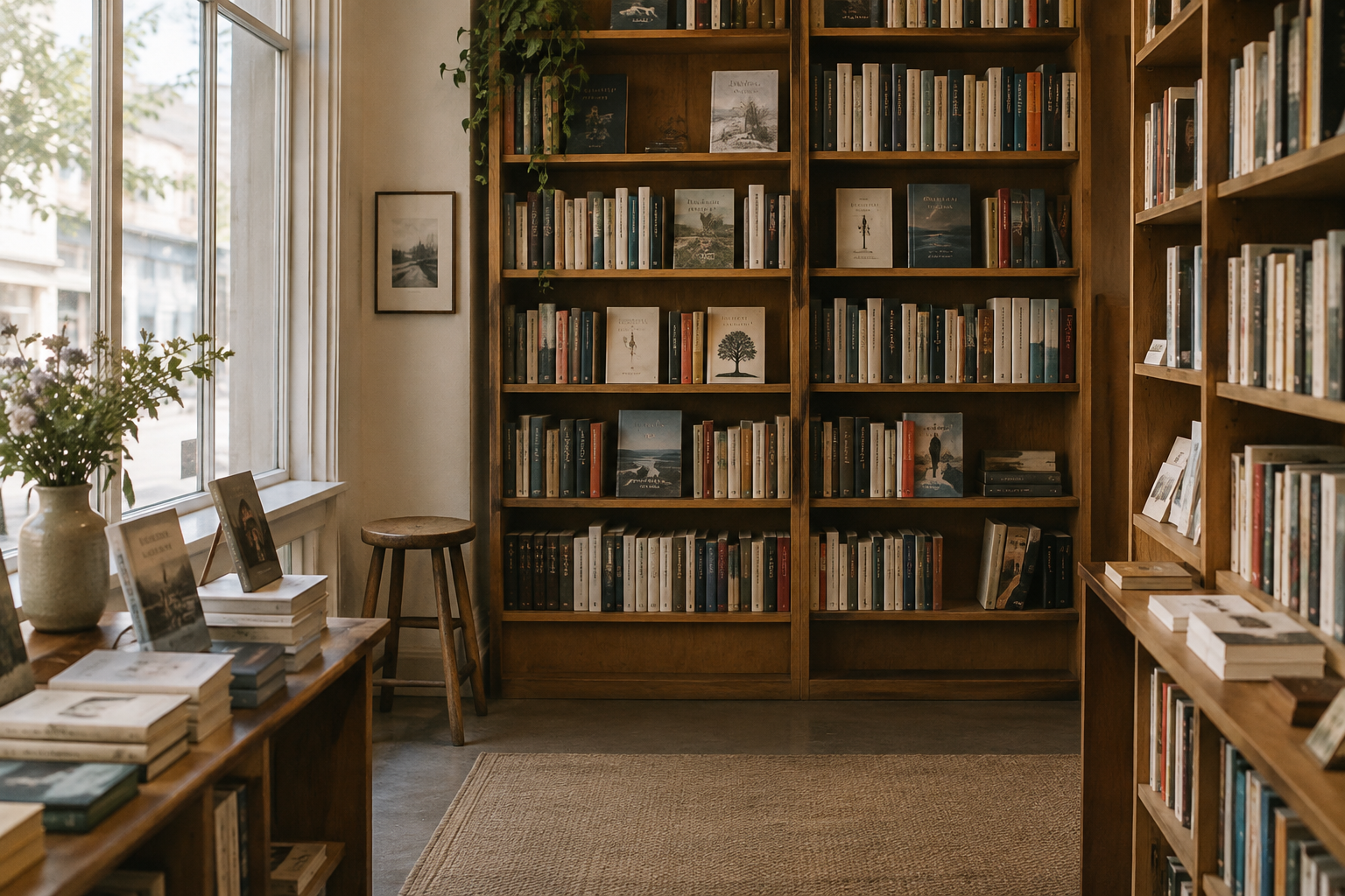 Quiet independent bookshop interior with wooden shelves, stacked books, and soft window light