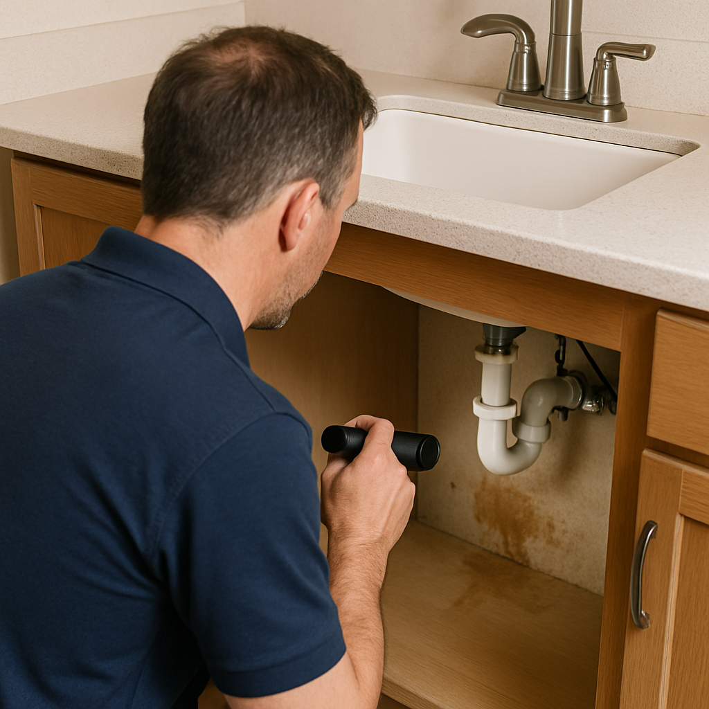 Home inspector reviewing a kitchen outlet and notes during an in-home inspection