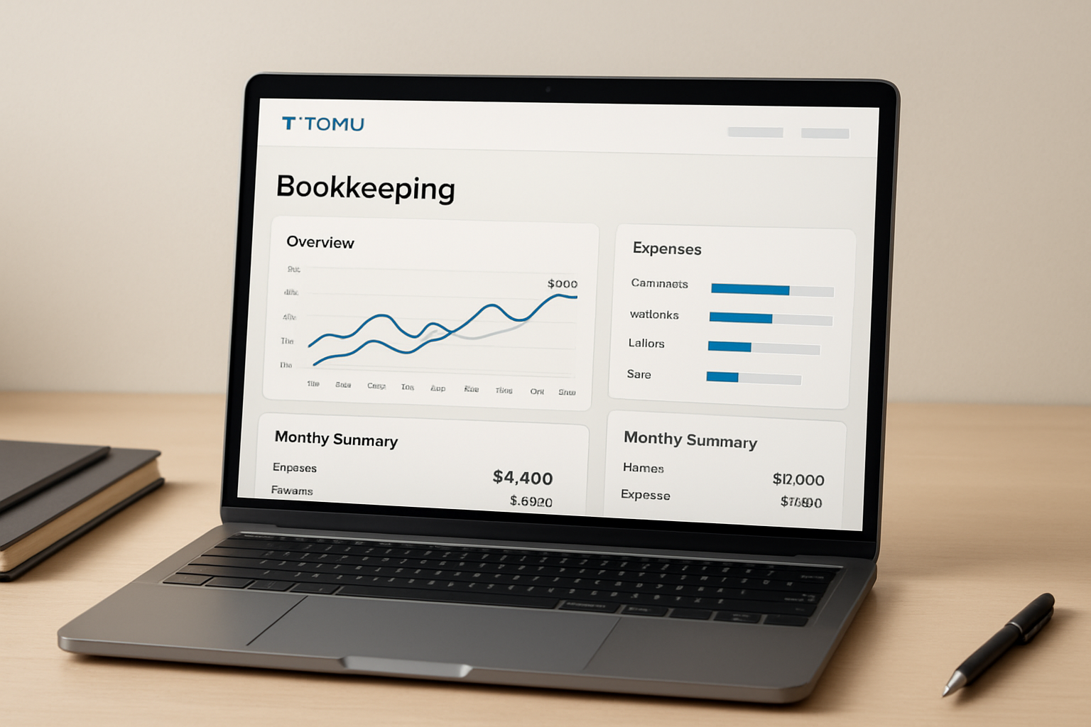 Bookkeeping dashboard on a laptop with clean charts, expense categories, and a simple monthly summary