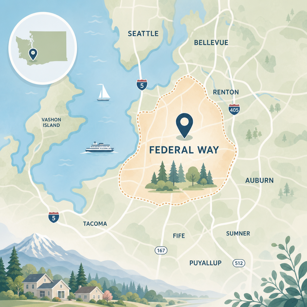 Illustrated map highlighting Federal Way, Washington and nearby communities