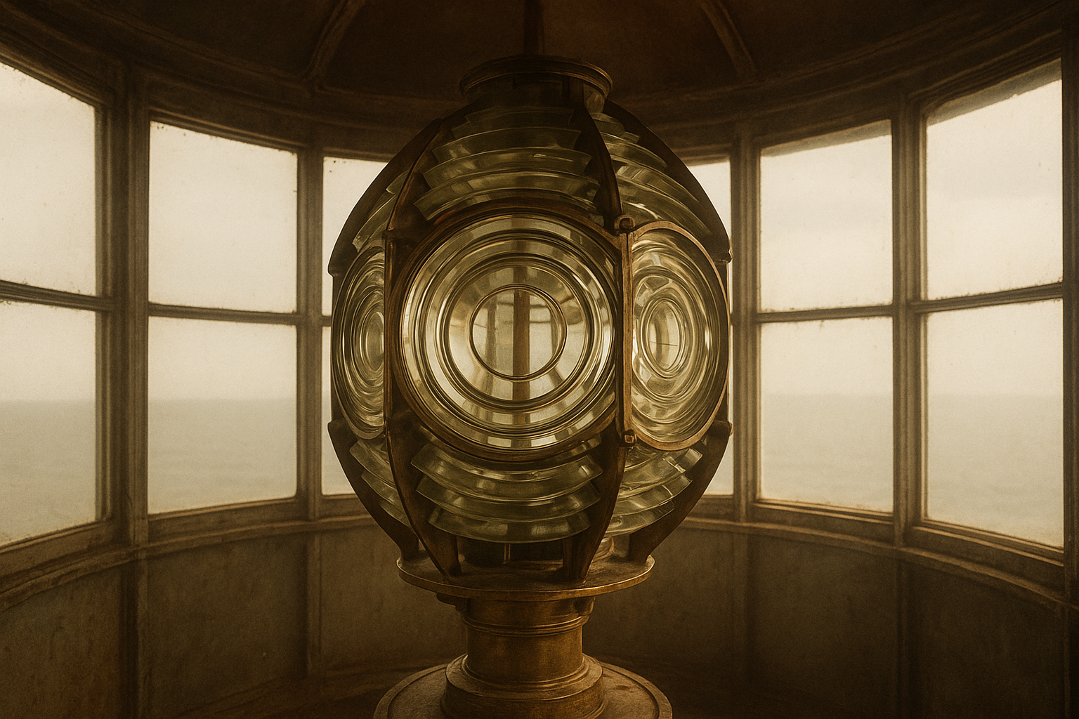 Archival interior view of a lighthouse lantern room with brass Fresnel lens prisms