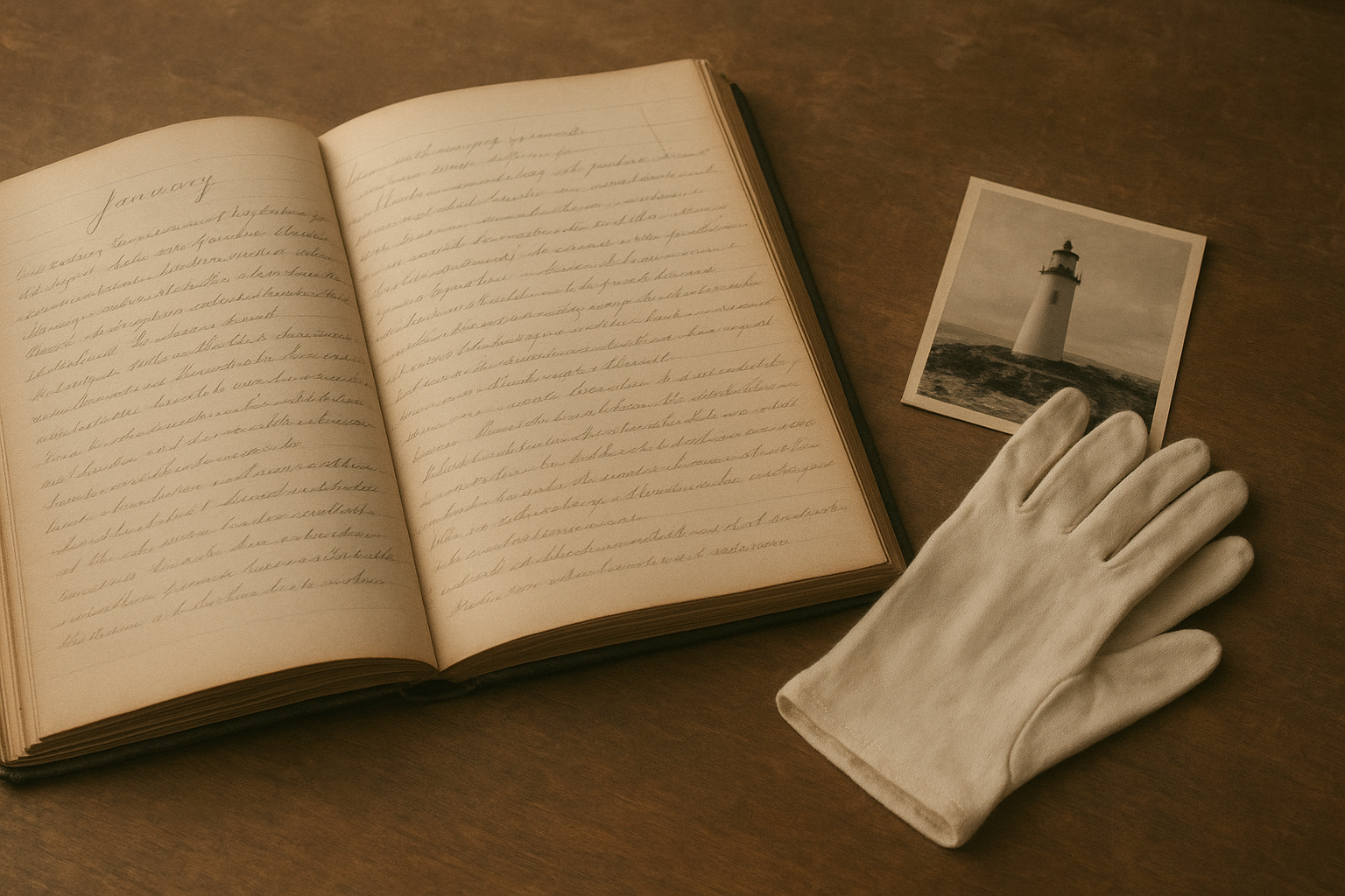 Conservation table with lighthouse keeper logbook, gloves, and a black-and-white tower photograph