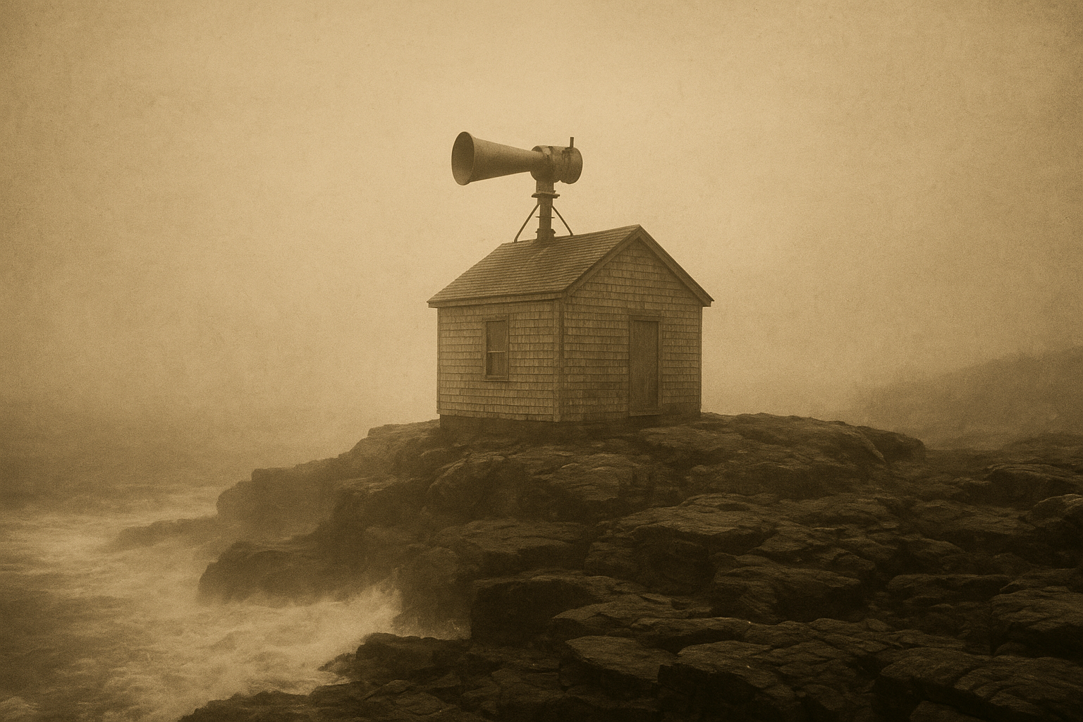 Archival photograph of a fog-signal house on a rocky shelf with mist crossing the sea, treated with subdued amber monochrome and print grain