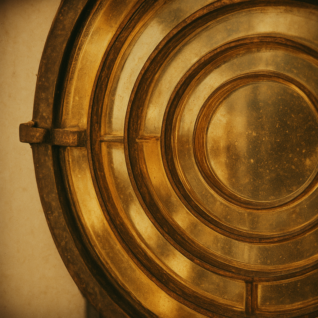 Close archival detail of a Fresnel lens prism with dust, patina, and reflective amber highlights in preserved print style