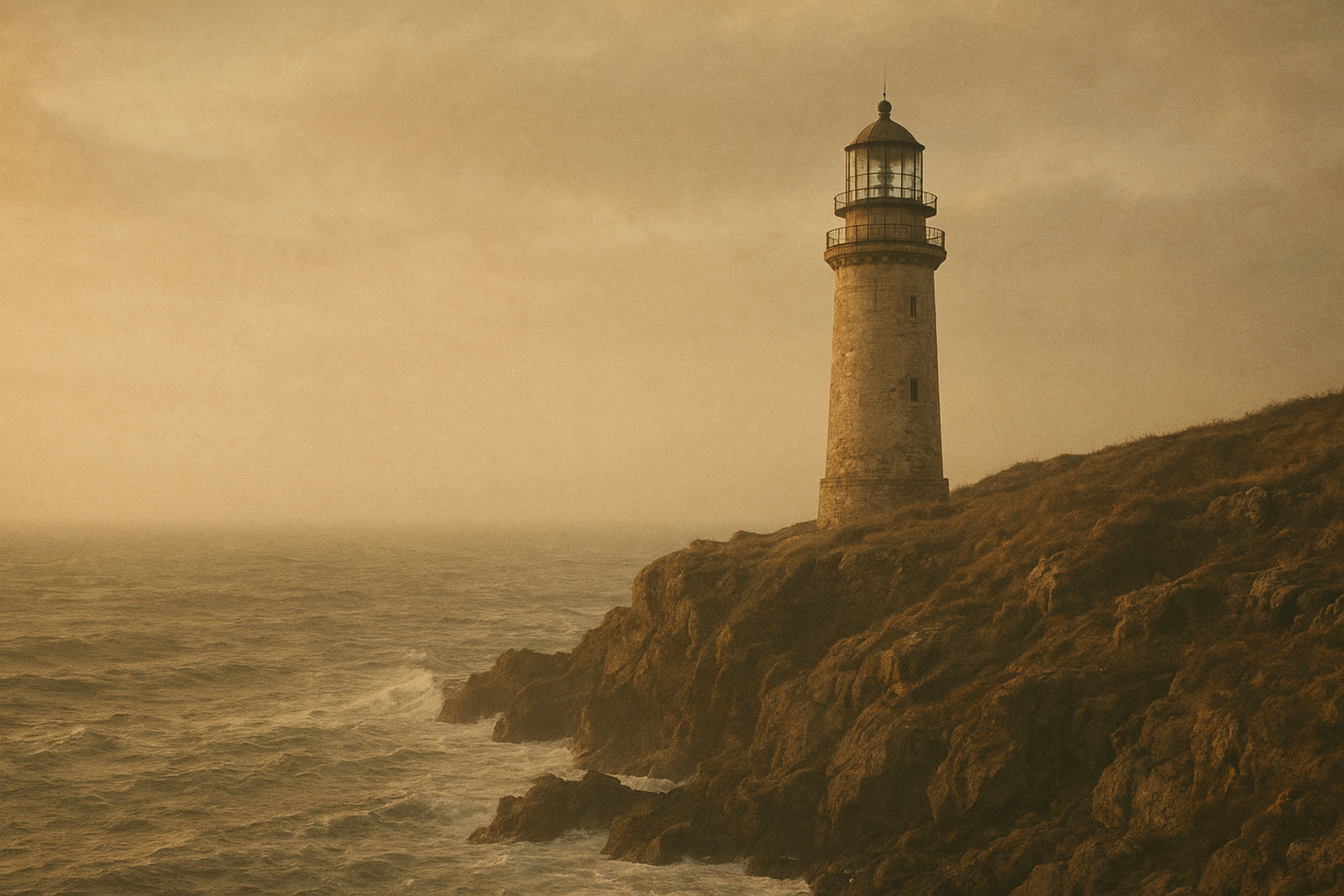 Warm film-style view of a stone lighthouse on the northern coast, with weathered cliffs, sea haze, and wind-softened light