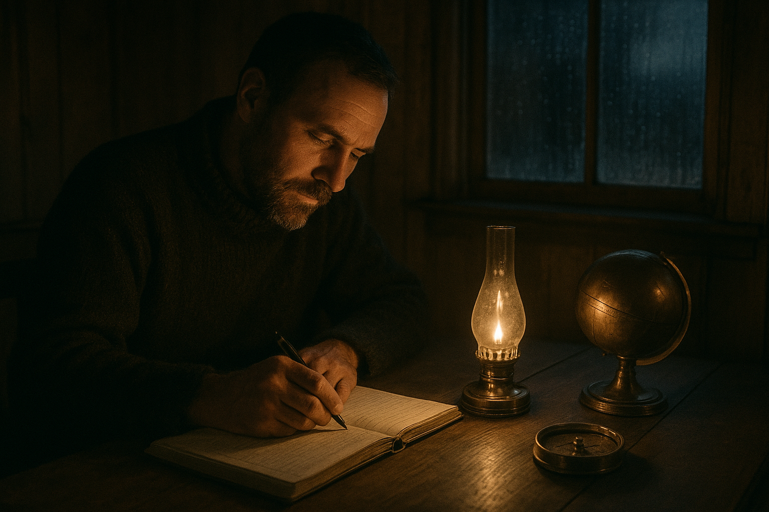 Warm lamplit lighthouse interior with a keeper writing in a weather log beside brass instruments and rain-streaked windows