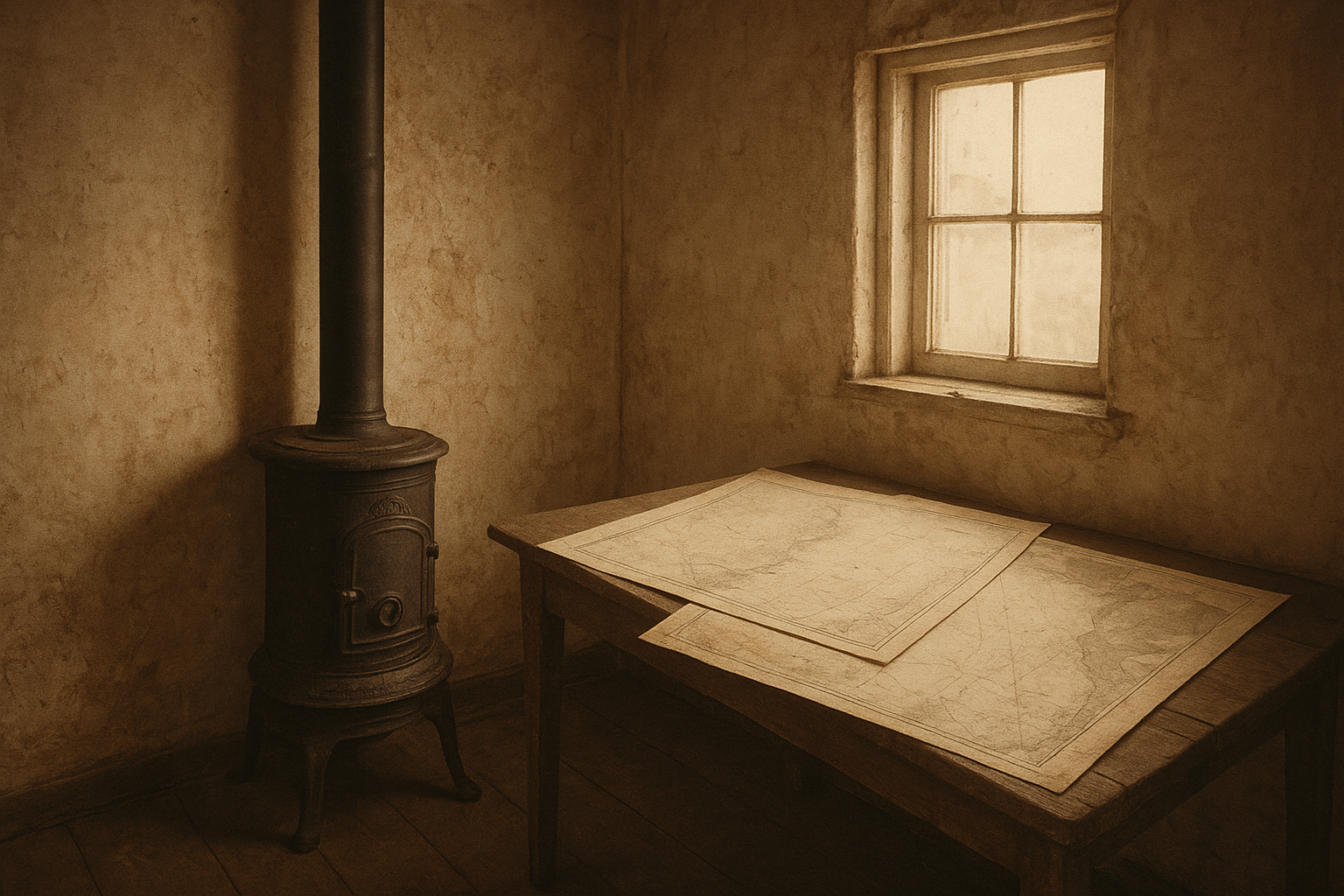 Archival interior frame of keeper quarters with a cast-iron stove, folded charts, and weathered walls, showing warm grain and subtle fading