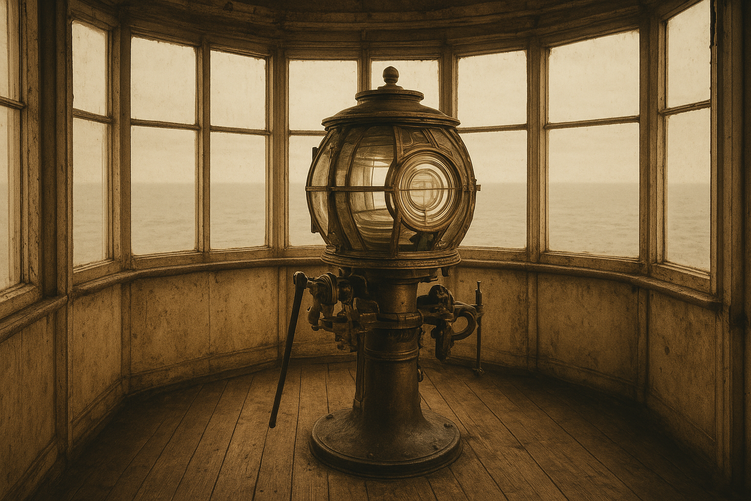 Interior archival photograph of a weathered lantern room with brass mechanisms, worn timber floorboards, and a muted warm print finish