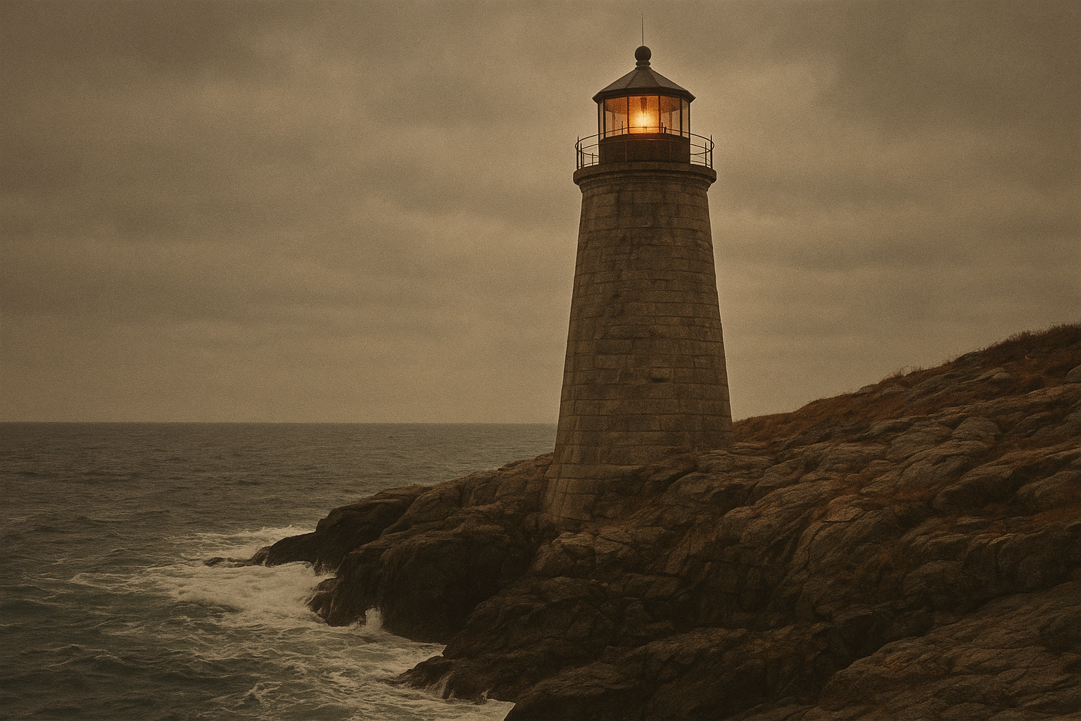 Large archival photo print of a stone lighthouse on a windswept cliff at dusk with keepers' quarters below