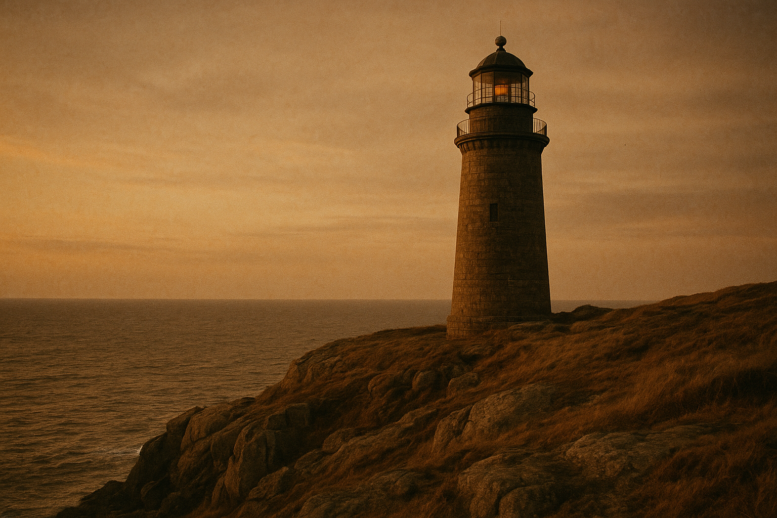 Large archival photograph of a granite lighthouse on a windswept cliff at dusk, with warm film grain and softly faded print tones