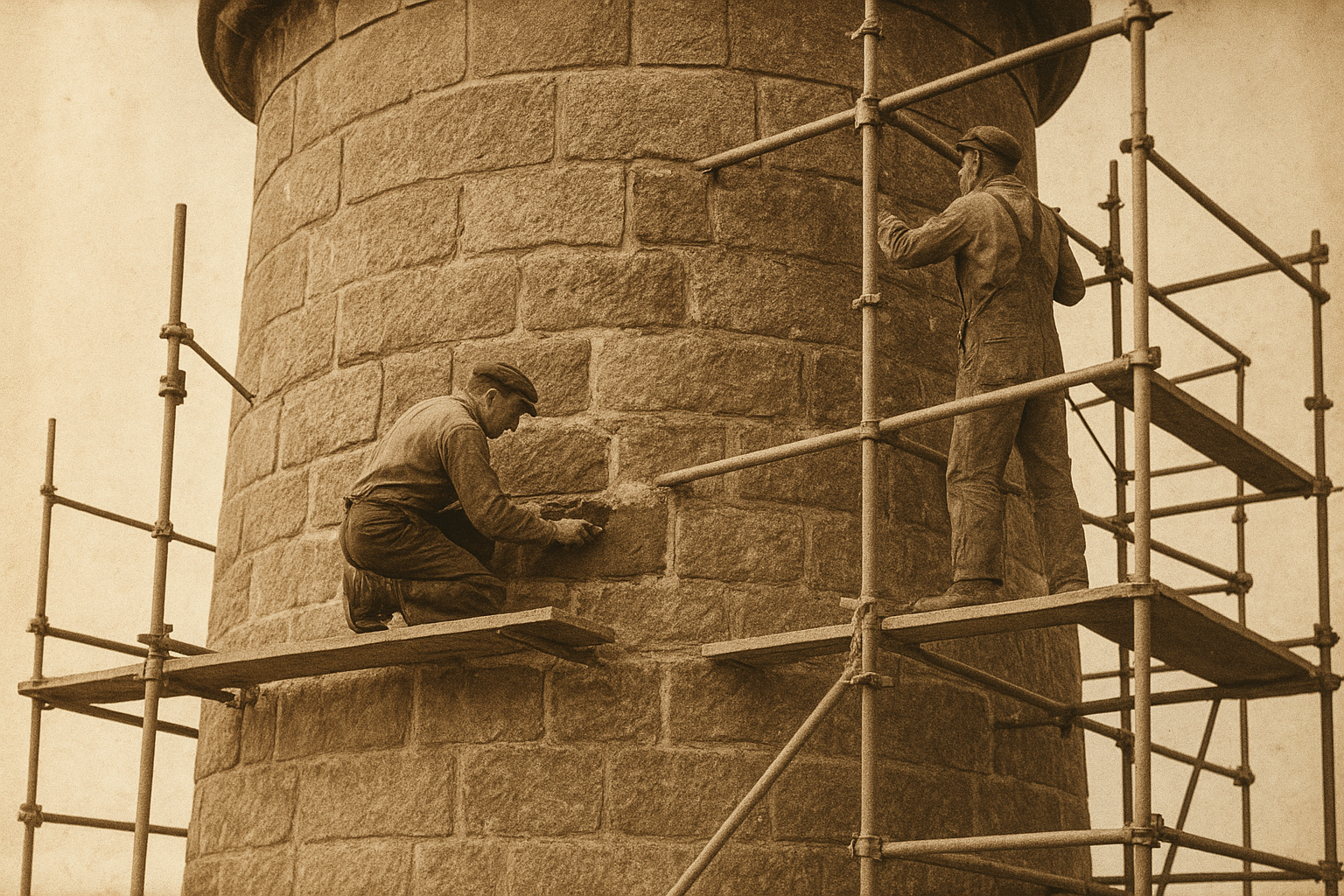 Documentary restoration photograph of masons repointing lighthouse stonework and scaffolding details, captured as a warm-toned preserved print
