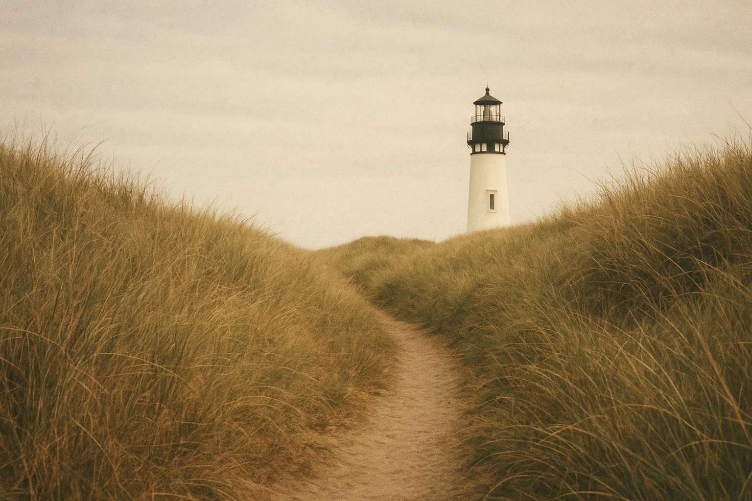 Archival coastal approach photo showing a narrow path through dune grass toward a distant white lighthouse, rendered with soft amber film tones