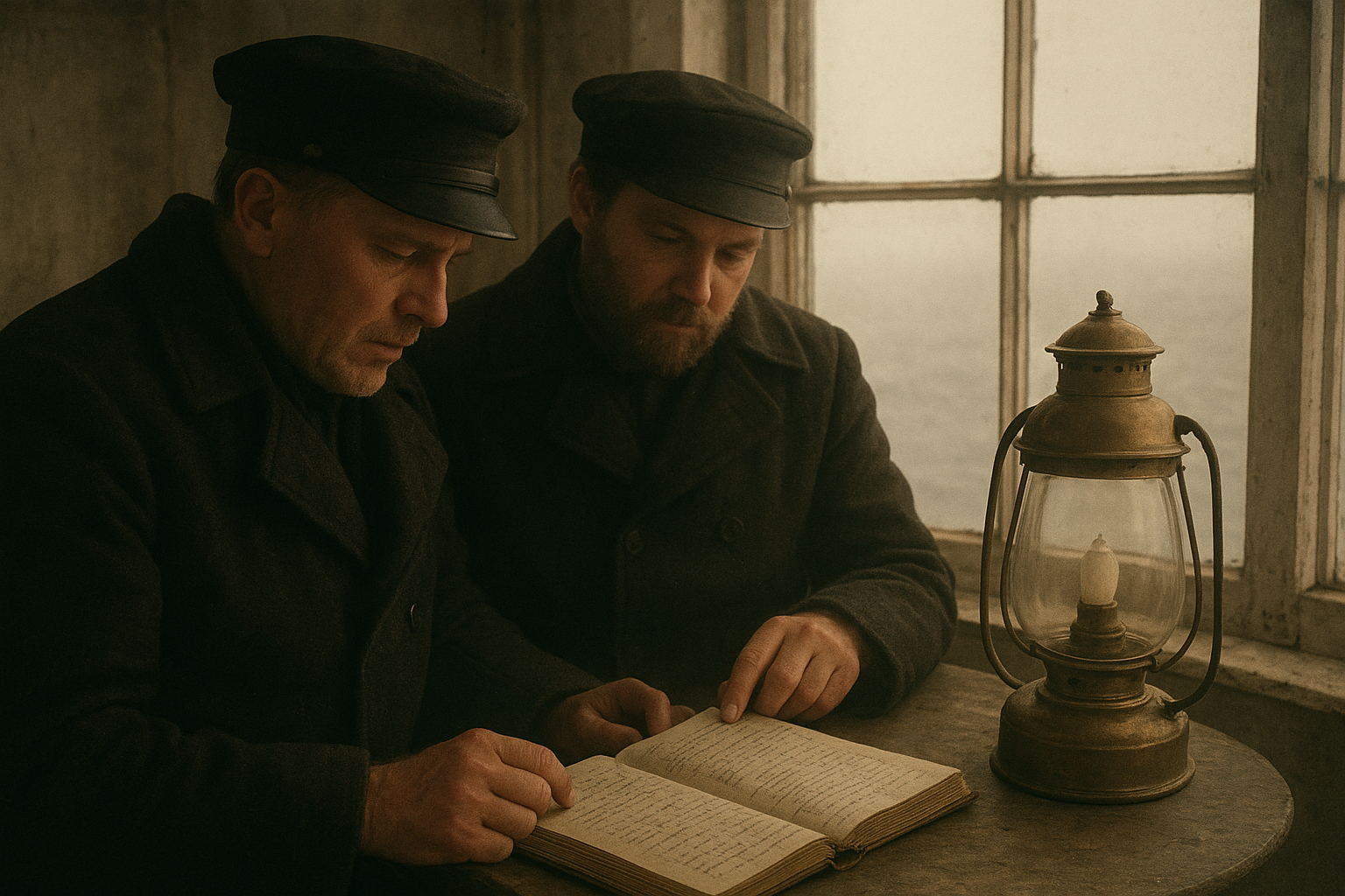 Two lighthouse keepers in weathered wool coats reviewing a logbook beside a lantern room window overlooking a cold northern coast
