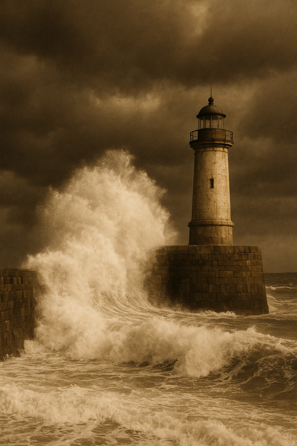 Portrait archival image of heavy surf striking a stone breakwater beside a lighthouse tower under dark storm clouds, with warm documentary print texture