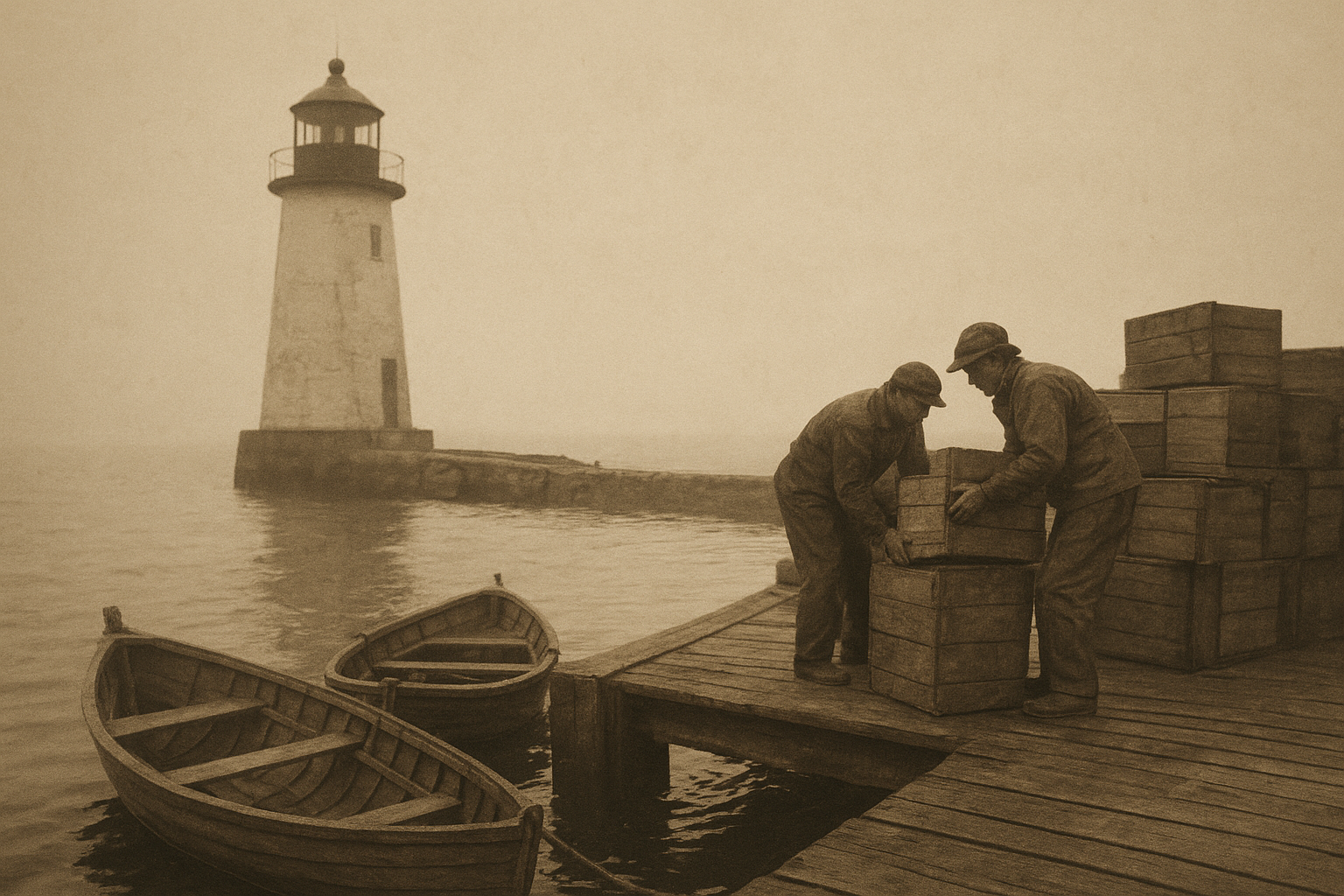Archival photograph of a harbor lighthouse with supply rowboats and dockworkers in heavy coats