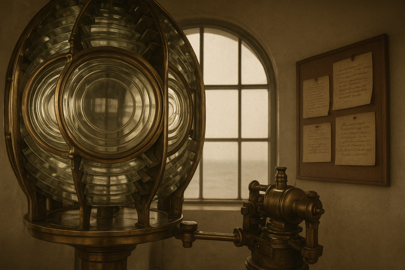 Close archival image of a polished Fresnel lens room interior with brass fittings and keeper notes