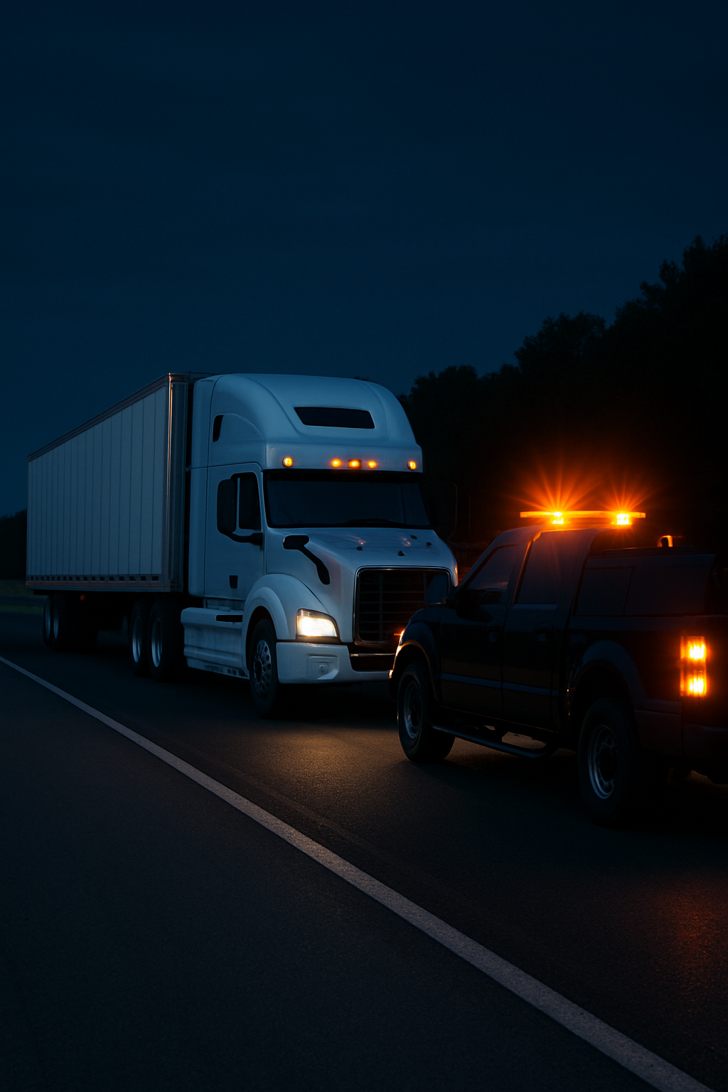 Modern semi-truck and trailer receiving roadside repair at night with service vehicle and emergency lights