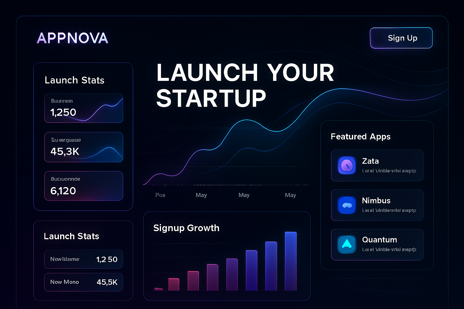Futuristic dark mode startup launch dashboard with neon gradient charts, signup growth timeline, and featured app cards