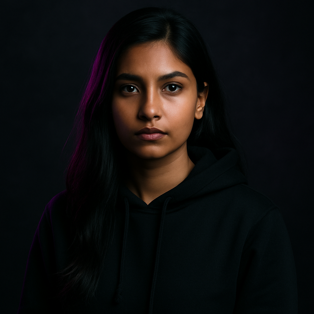 Portrait of a focused South Asian woman with long dark hair wearing a black hoodie