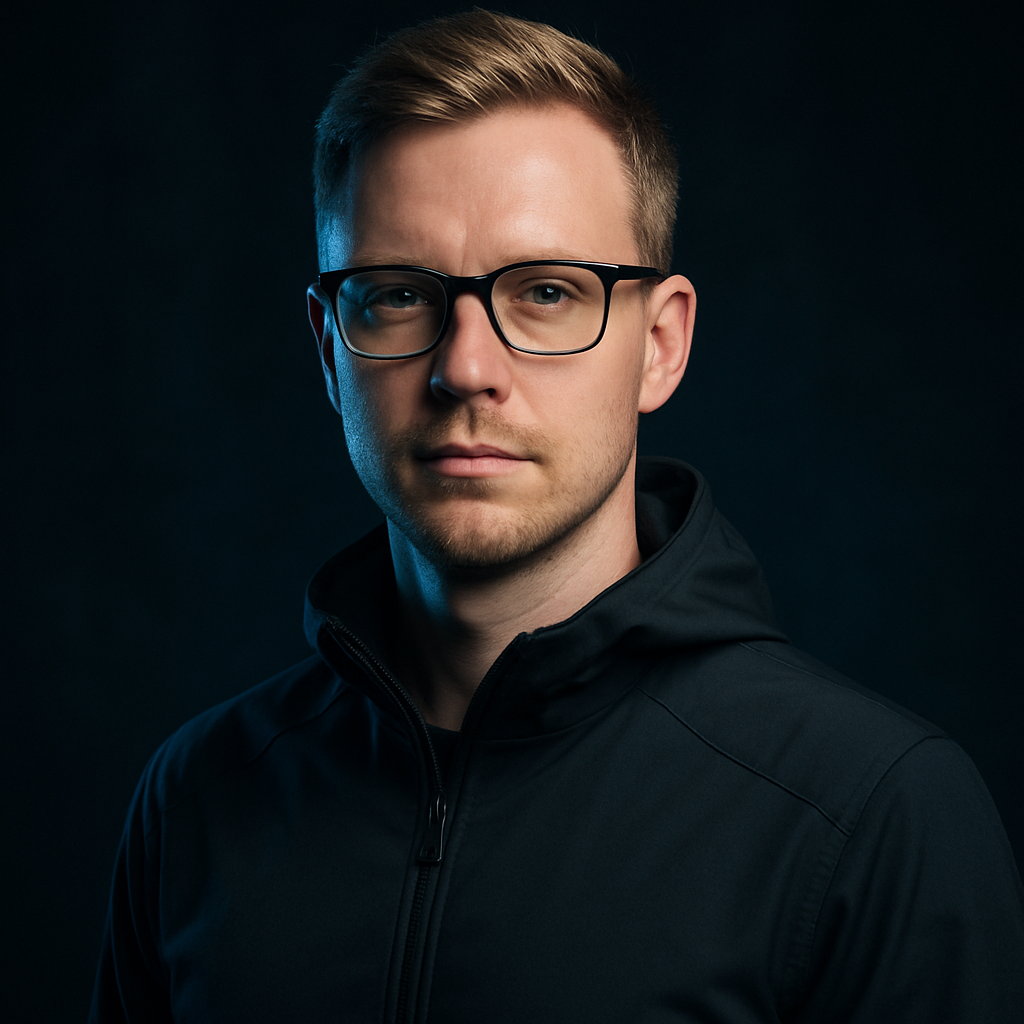 Portrait of a white man with short blond hair and glasses wearing a dark tech jacket