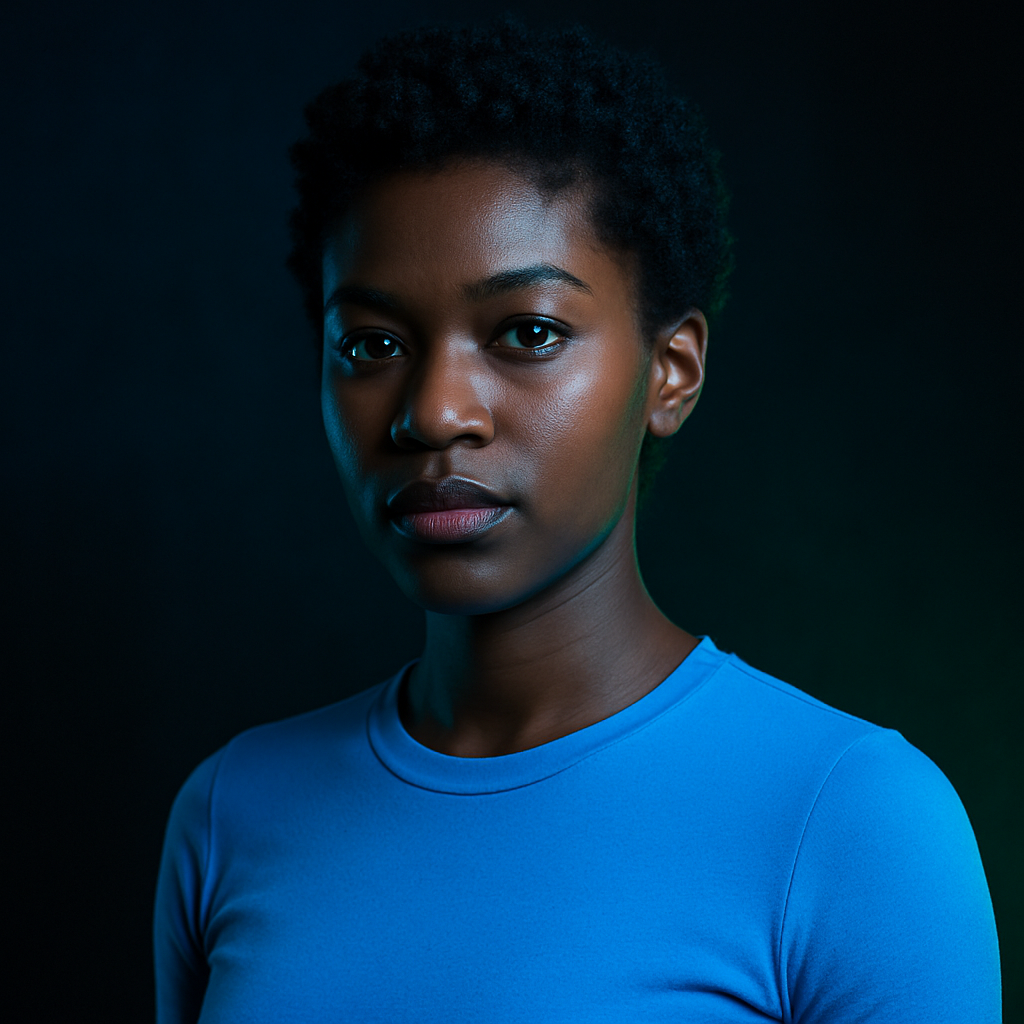 Portrait of a Black woman with short curly hair wearing a neon blue top