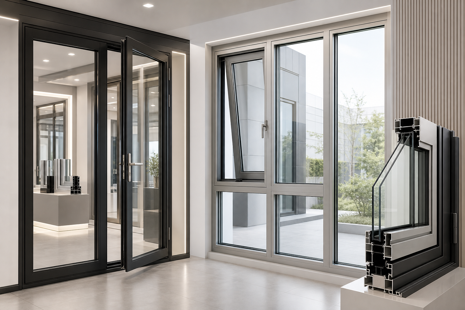 Modern aluminum doors and windows in a clean showroom setting