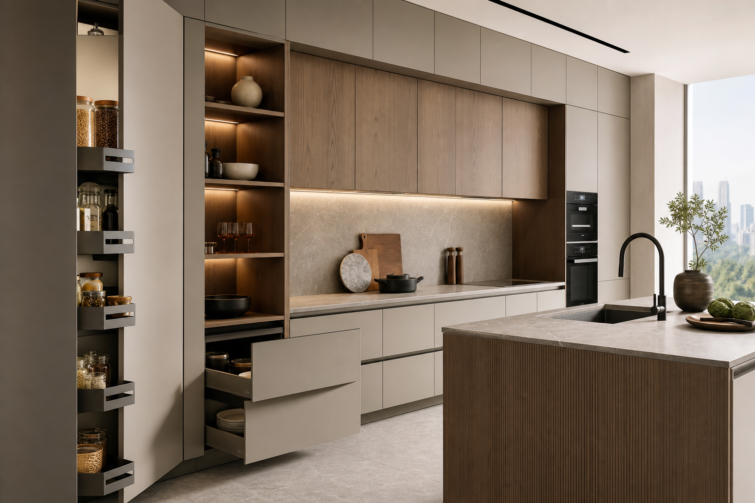 Custom kitchen cabinets with integrated storage and modern finishes
